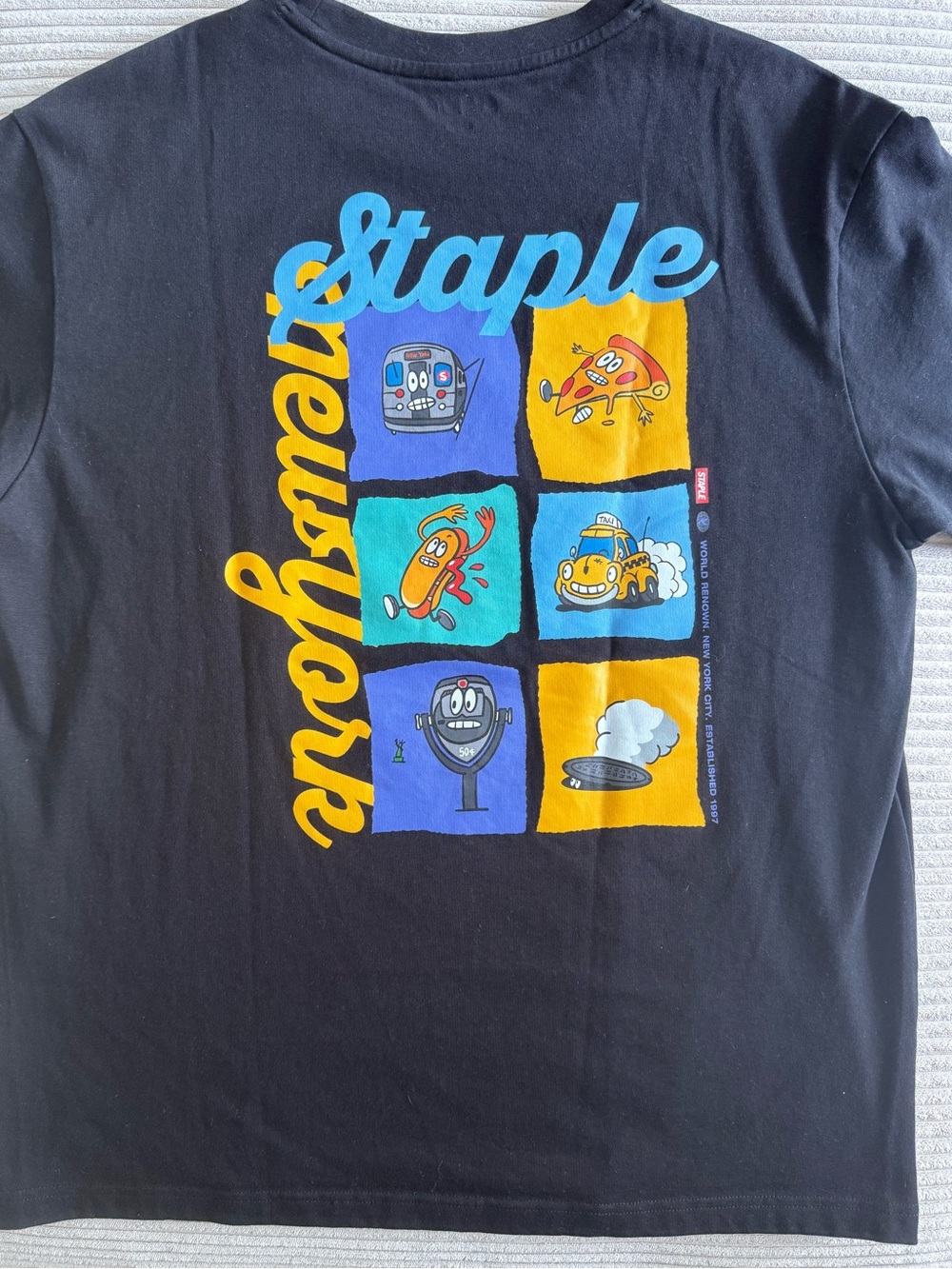 Staple Black Kids Tee with Blue and Yellow Cartoon Panels